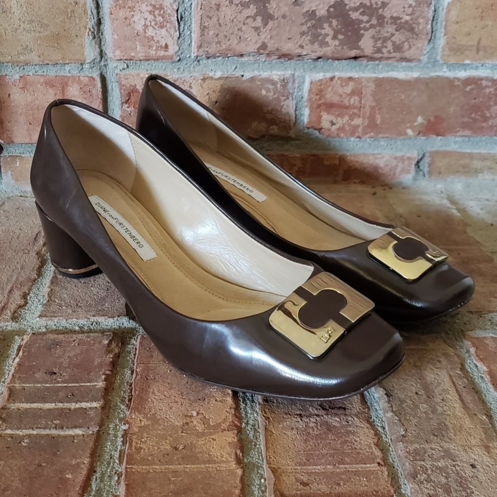 DVF Brown Patent Bonnie Pumps